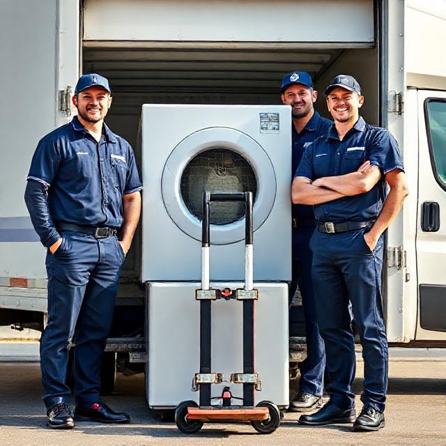 Team of appliance delivery specialists with dolly and straps beside a delivery truck, deep blue and silver uniforms.